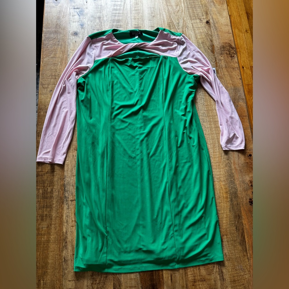 Kasper Vibrant Green midi Dress with pink long sleeves and chest cut out NWT XXL